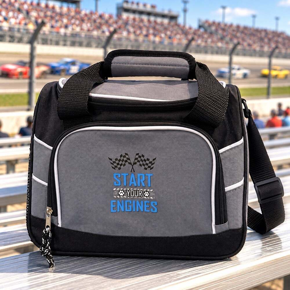 Start Your Engines Insulated Cooler Lunch Bag Gray Black Racing Shoulder Strap